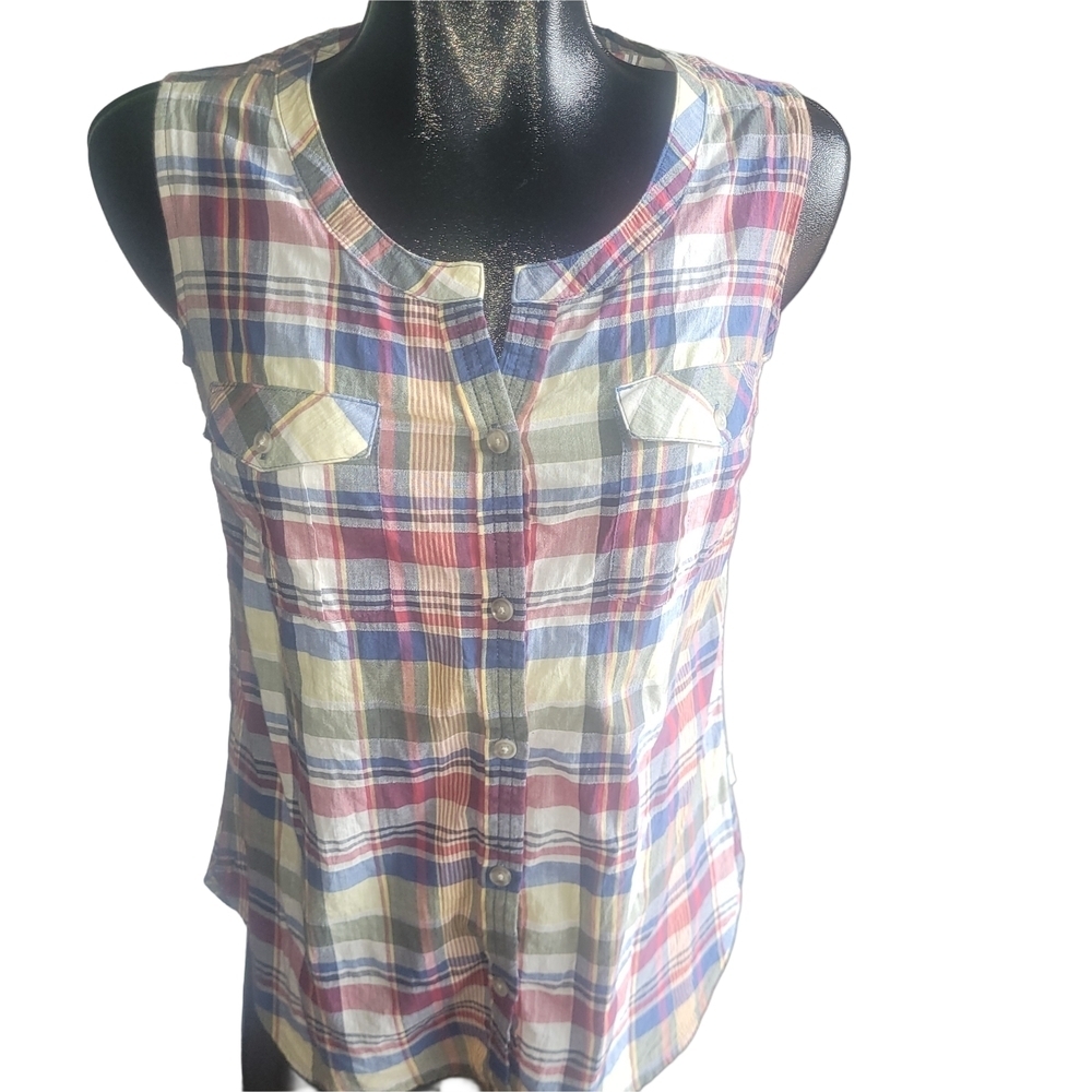 Eddie Bauer Plaid Sleeveless Button-Up Top Size XS